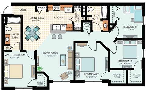 Four-Bedroom Floor Plan at Savannah Springs Affordable Apartments in Jacksonville, FL